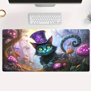 Whimsical Cartoon Magic Cat with Bowler Hat & Mushroom Forest XXL Mousepad 24x12